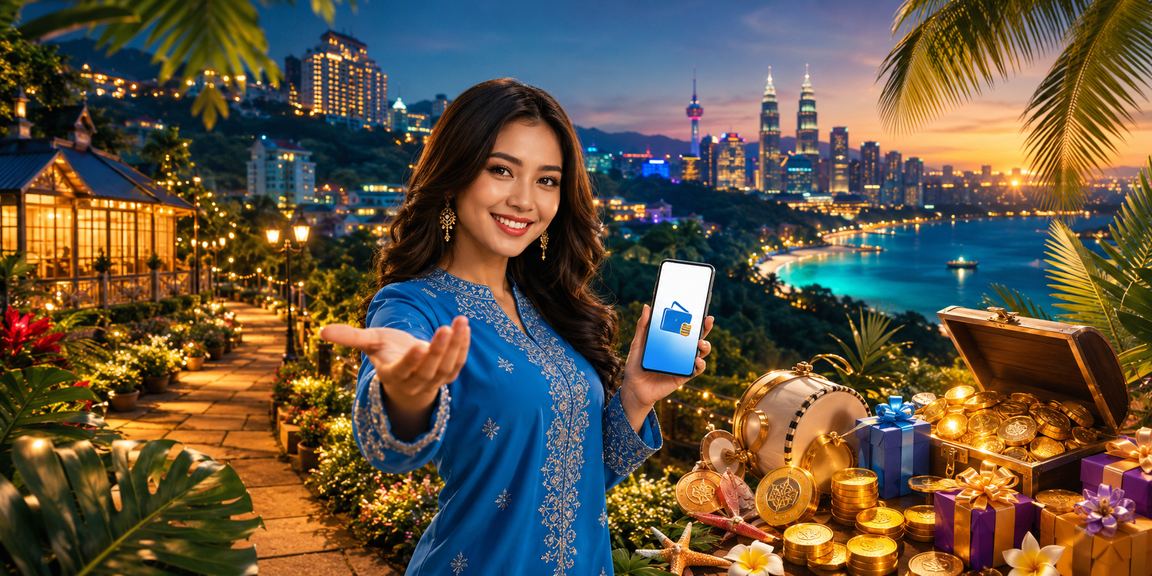 Pengguna Malaysia berpakaian baju kurung membuat deposit dalam talian dengan selamat menggunakan telefon